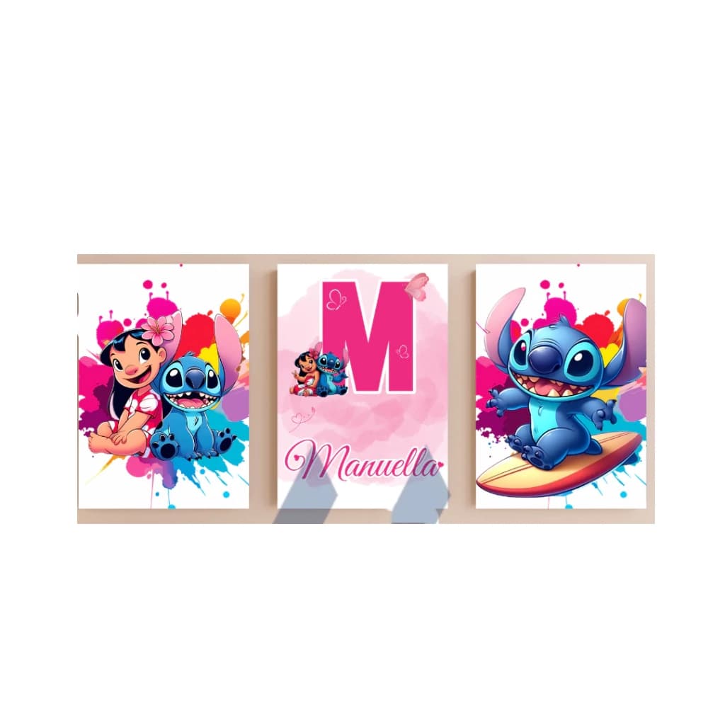 Quadro Decorativo Lilo Nome Personalizado Infantil  Stitch Colorido Moderno