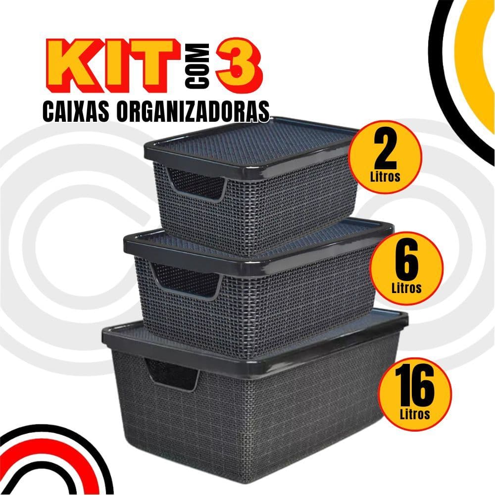 Kit 3 Caixas/cesto Organizador Jutta 2l, 6l E 16l Preto  Cesto Organizador Gavetas Guarda-Roupas Arm