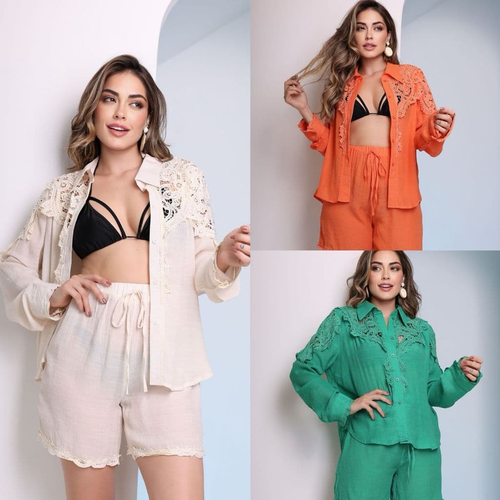 Saida De Praia Conjunto Camisa E Short Com Rendada 2401