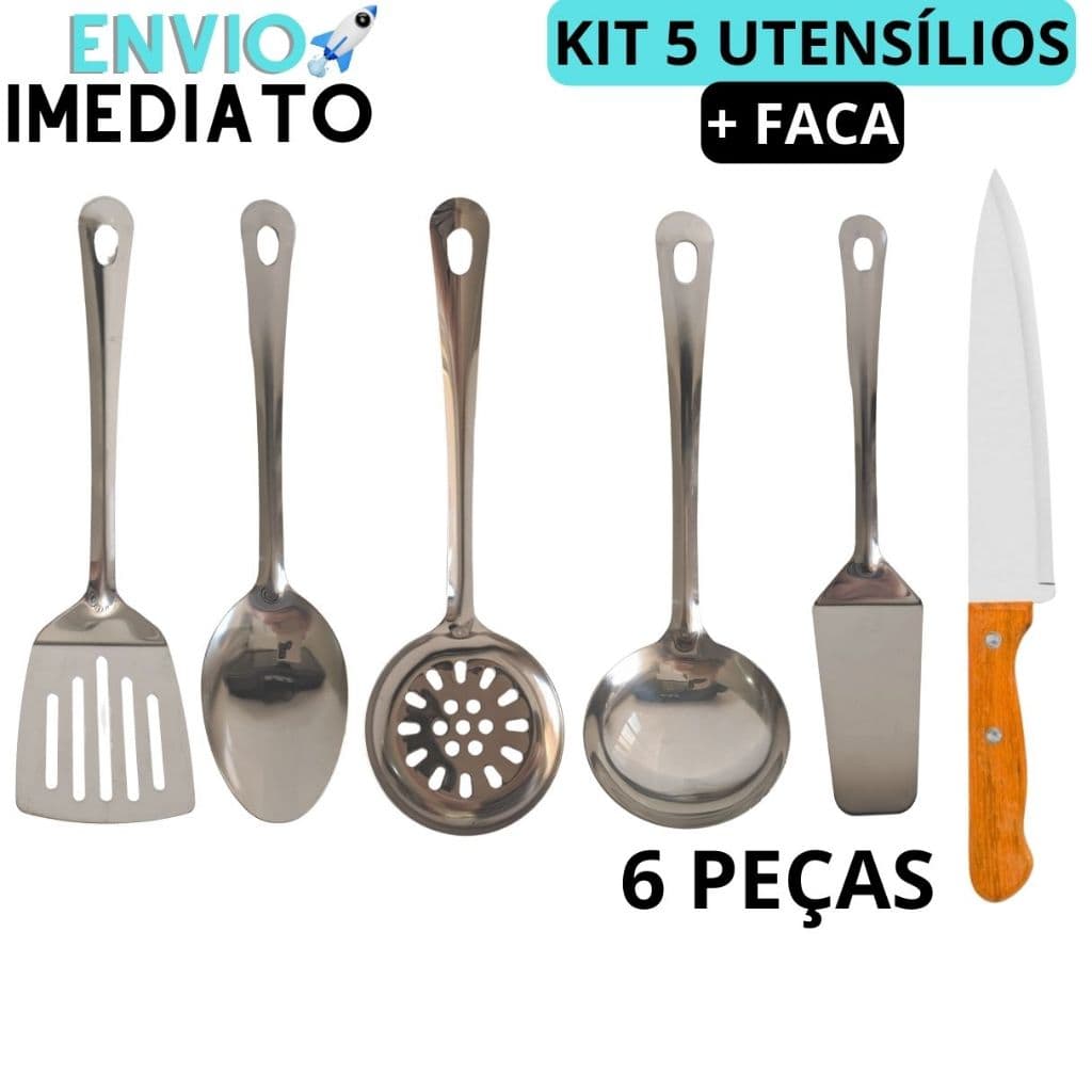 Kit 6 Peças Utensílios de Cozinha Aço Inox Colheres de Servir Jogo de Cozinha Escumadeira Concha Espátula Faca de Corte