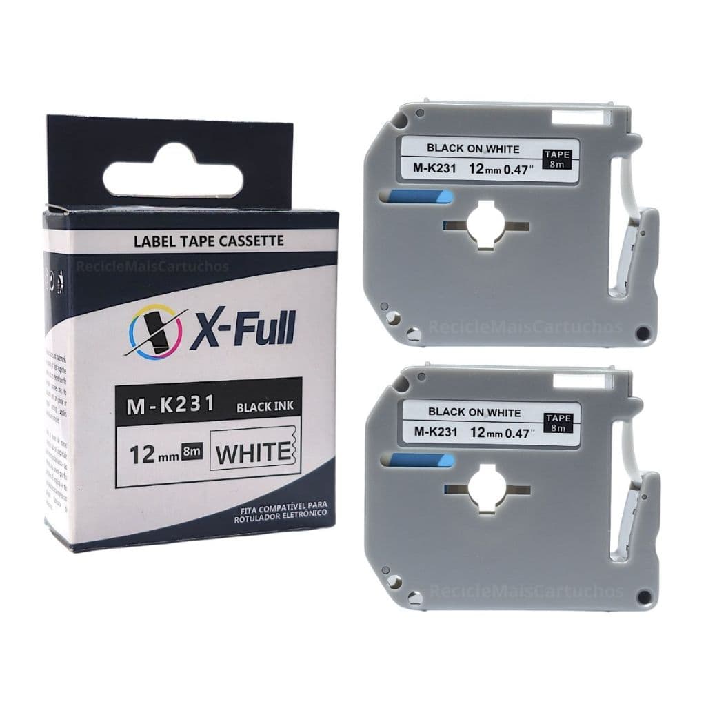 2 Fita Compatível MK-231 MK231 M-K231 12mm 8m Preto/Branco Para Rotulador PT-90 PT90 PT-100 PT100