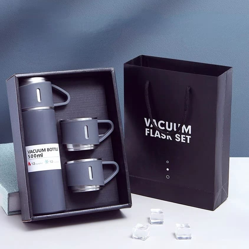 Presente de natal Caneca Kit Garrafa Térmica Vacuum Bottle Inox 500ml + 3 Xícaras Bebidas Fria ou Quente