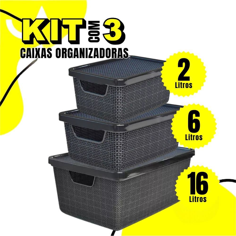 Kit 3 Caixas/cesto Organizador Jutta 2l, 6l E 16l Preto  Cesto Organizador Gavetas Guarda-Roupas Arm