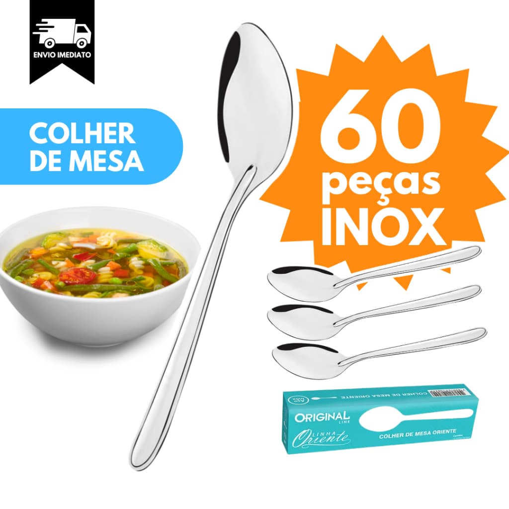 Colher de Mesa Kit 60 pçs Aço Inox para Jantar Restaurante Comida Cozinha Casa Talher