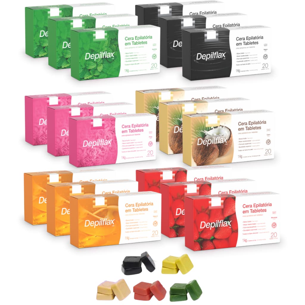 Depilflax Kit 3 Caixas Cera Quente Depilatória Espanhola 1Kg Natural Coco Negra Hortelã Rosa