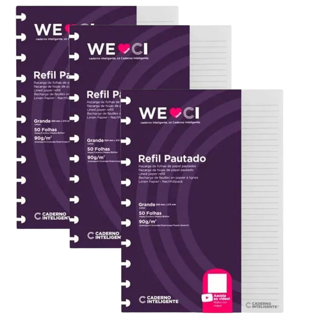 Refil Caderno Inteligente Pautado Grande 3 Pacotes 90g 50 Folhas Ci de Disco Universitário Matérias