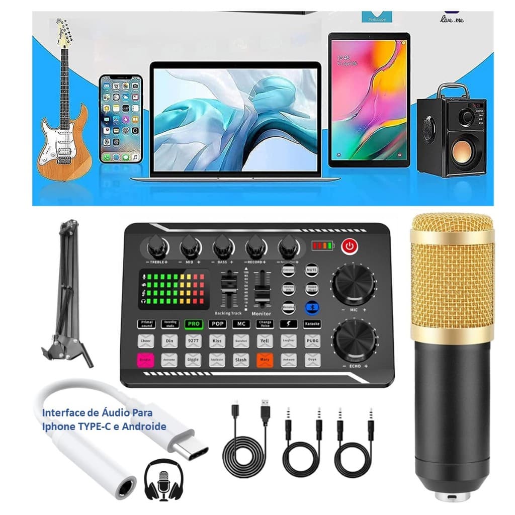Setup Live Caster Placa Sound Card F998 Com Microfone Condensador e OTG P3 Tipo-C Smart