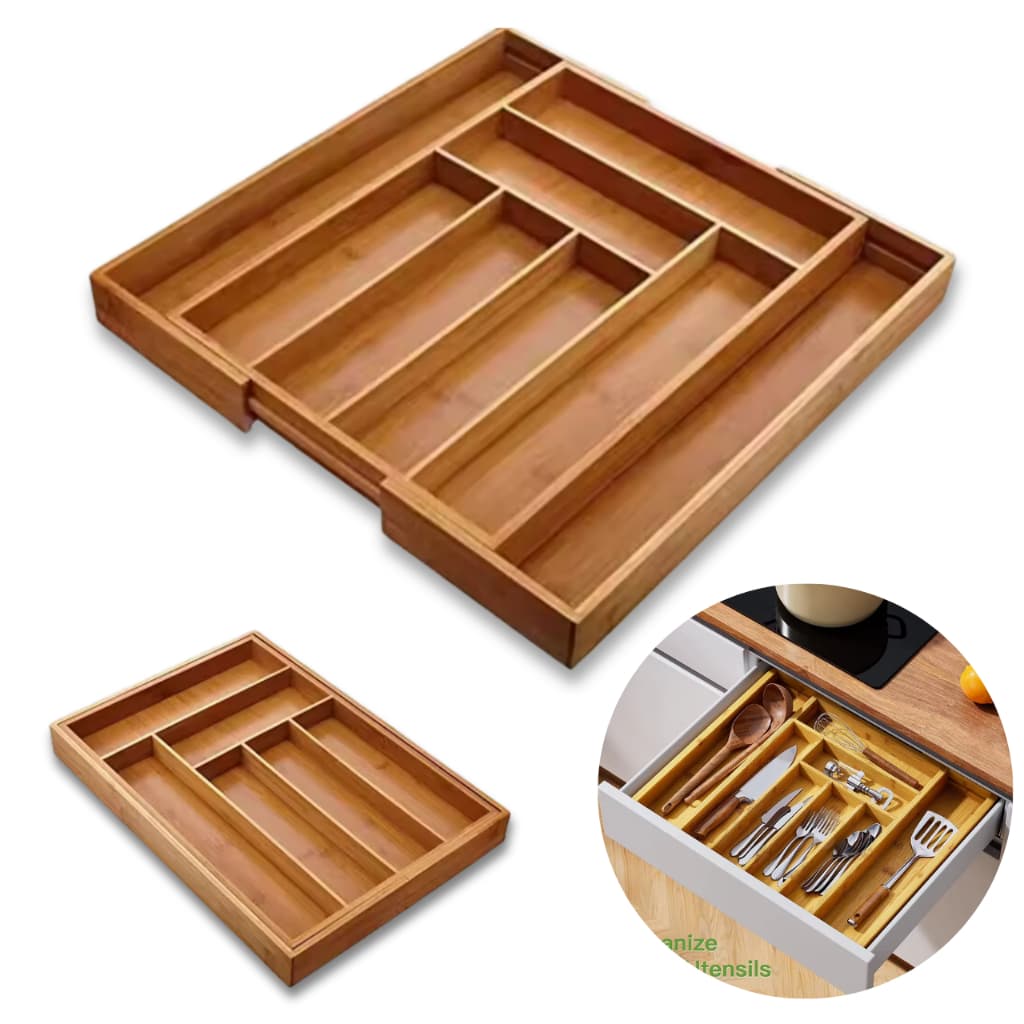 Porta Talher Bambu Extensivel Gaveta 7 e 8 Divisoria Organizador Porta Talheres Madeira Cozinha