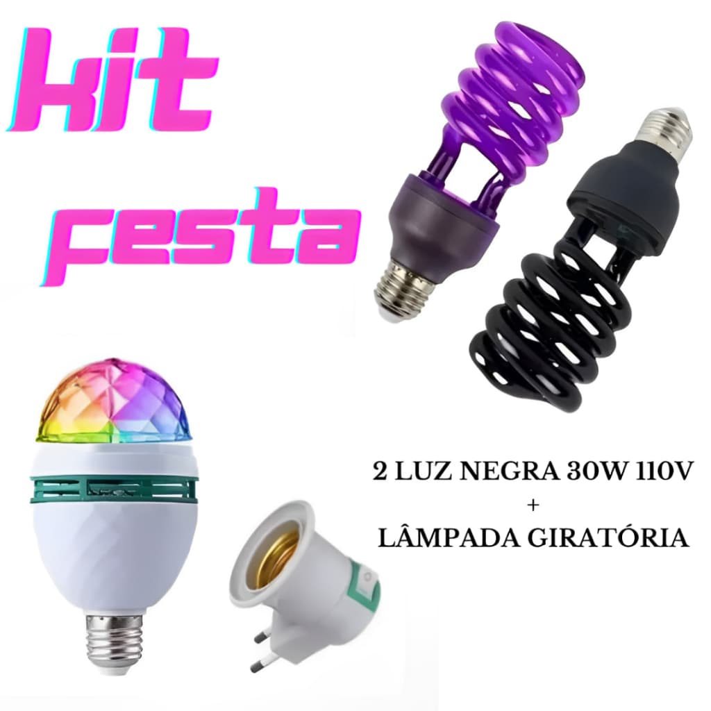 Kit 2 Luz Negra 30w Neon 110V + Lâmpada Giratória Bivolt Kit Festa Balada