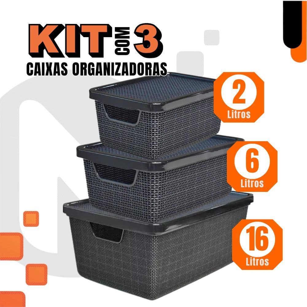Kit 3 Caixas/cesto Organizador Jutta 2l, 6l E 16l Preto  Cesto Organizador Gavetas Guarda-Roupas Arm