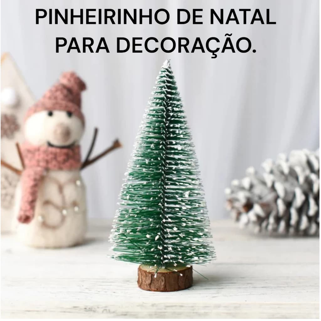 Pinheiro de Natal Nevado Base de Madeira  Mini Árvore Decoração Enfeite Natalino