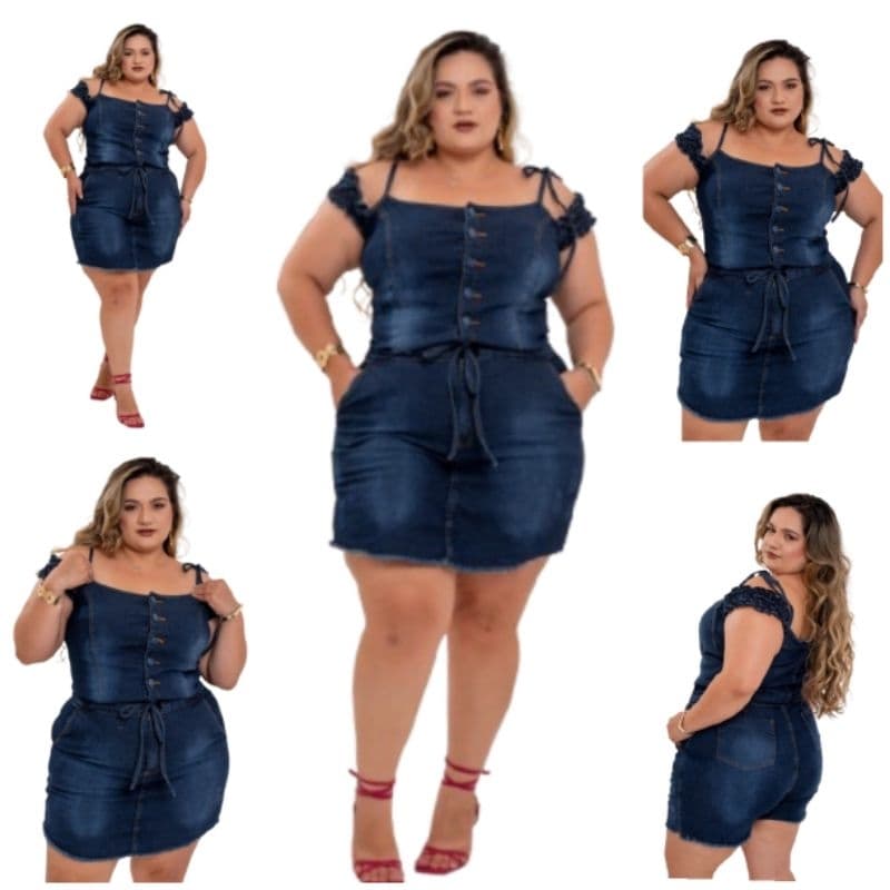Macacão Short Saía Jeans Feminino Plus Size Laycra Moda Verão