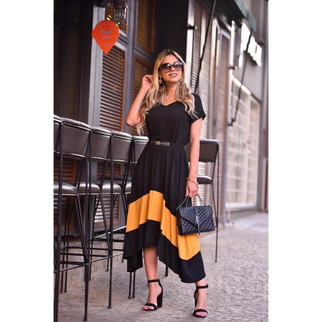 vestido midi assimétrico com faixa/ soltinho/ confortável/ manga curta/ casual feminino.
