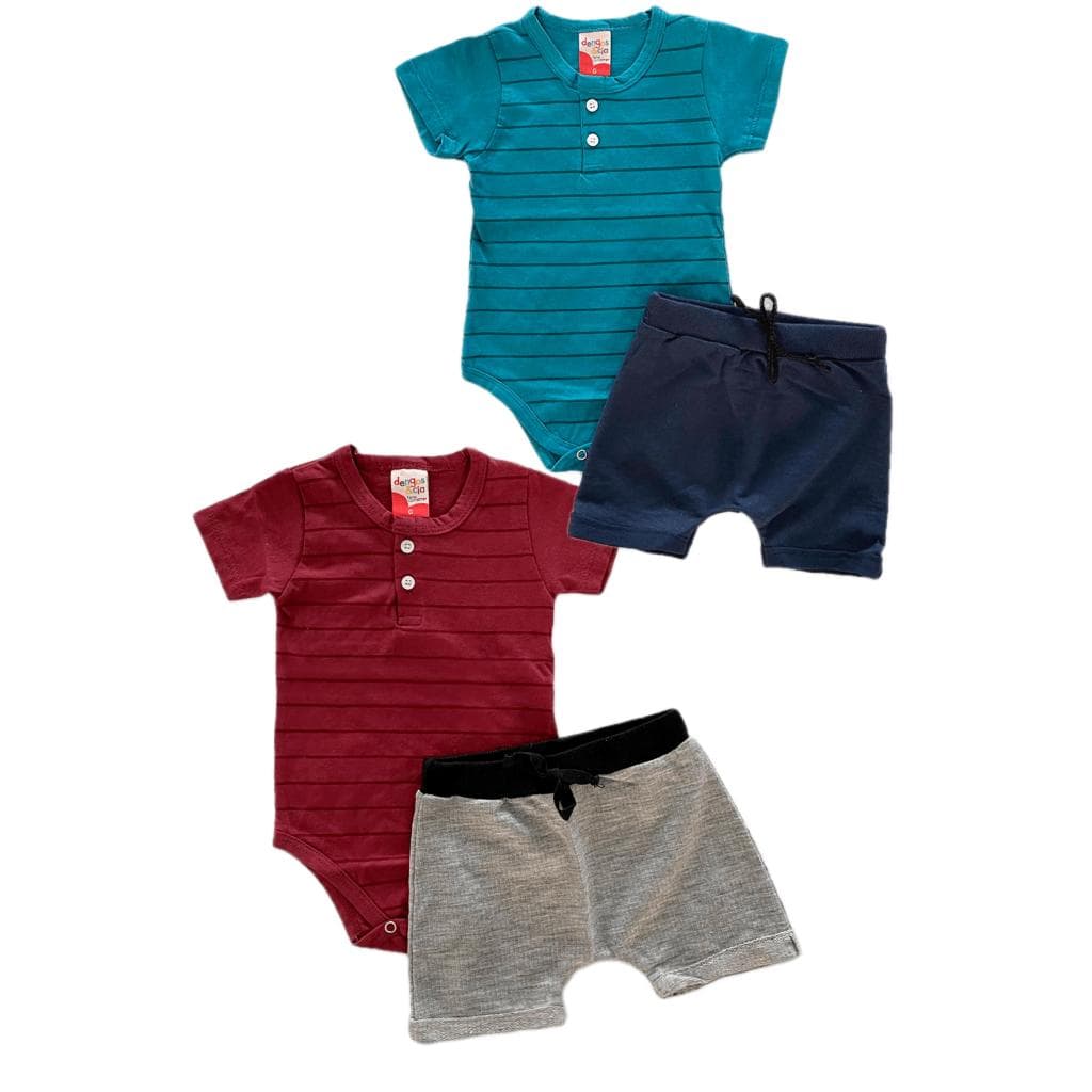 Kit 4 Pecas Roupa Bebês Menino 2 Conjuntos Bodys Manga Curta Botão Shorts Moletinho P M G 01 Sortido