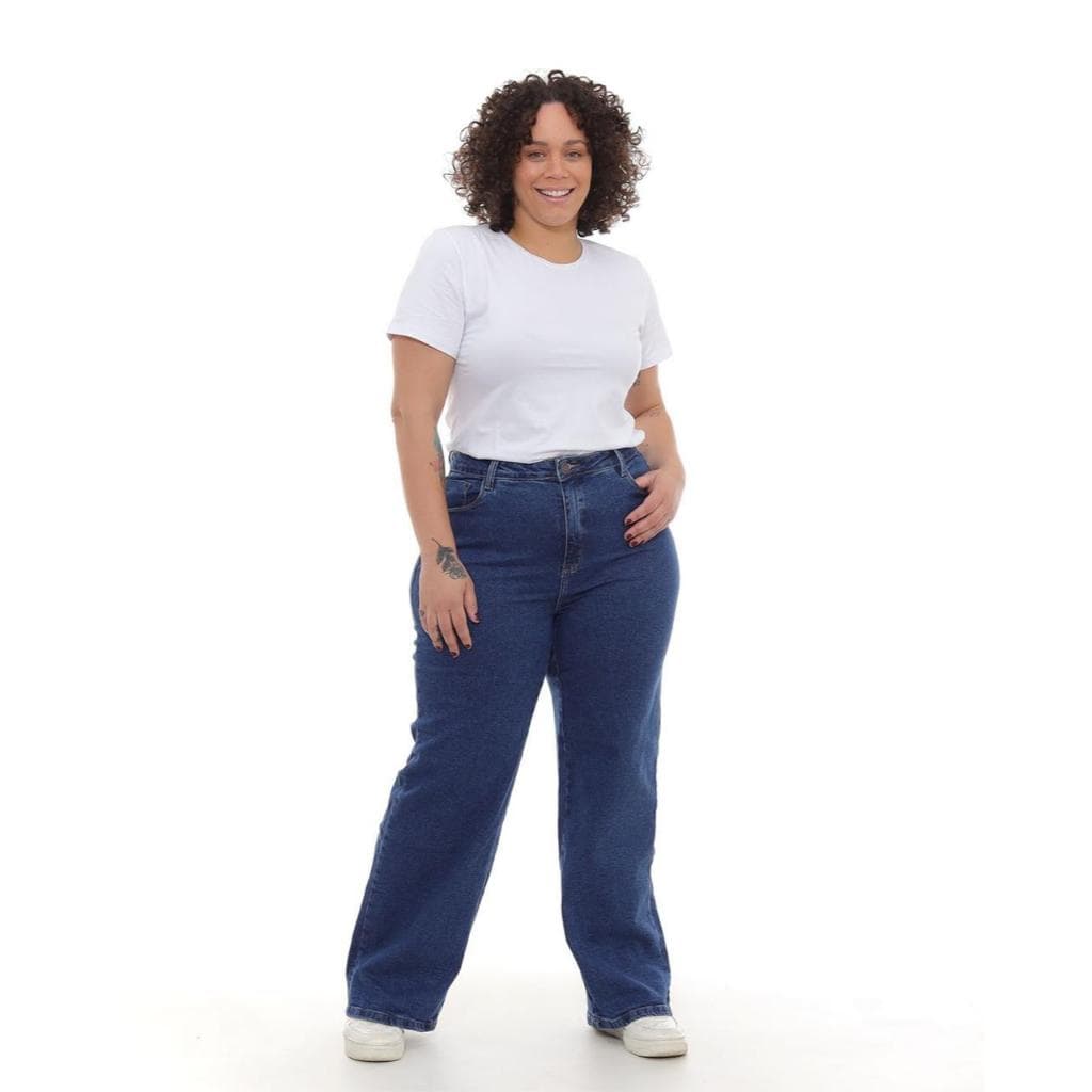 Calça wid leg consciencia jeans escura plus size com elastano confortavel cos alto widlegue