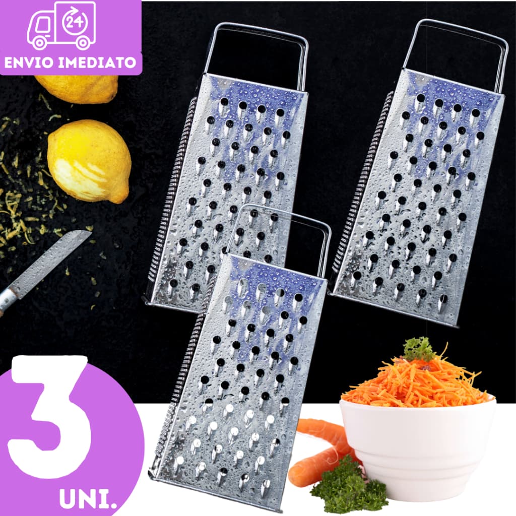 Conj. 3 Raladores 4 Faces Aço Inox 20,5cm  Rala Fatia Diversos Tamanhos Cozinha