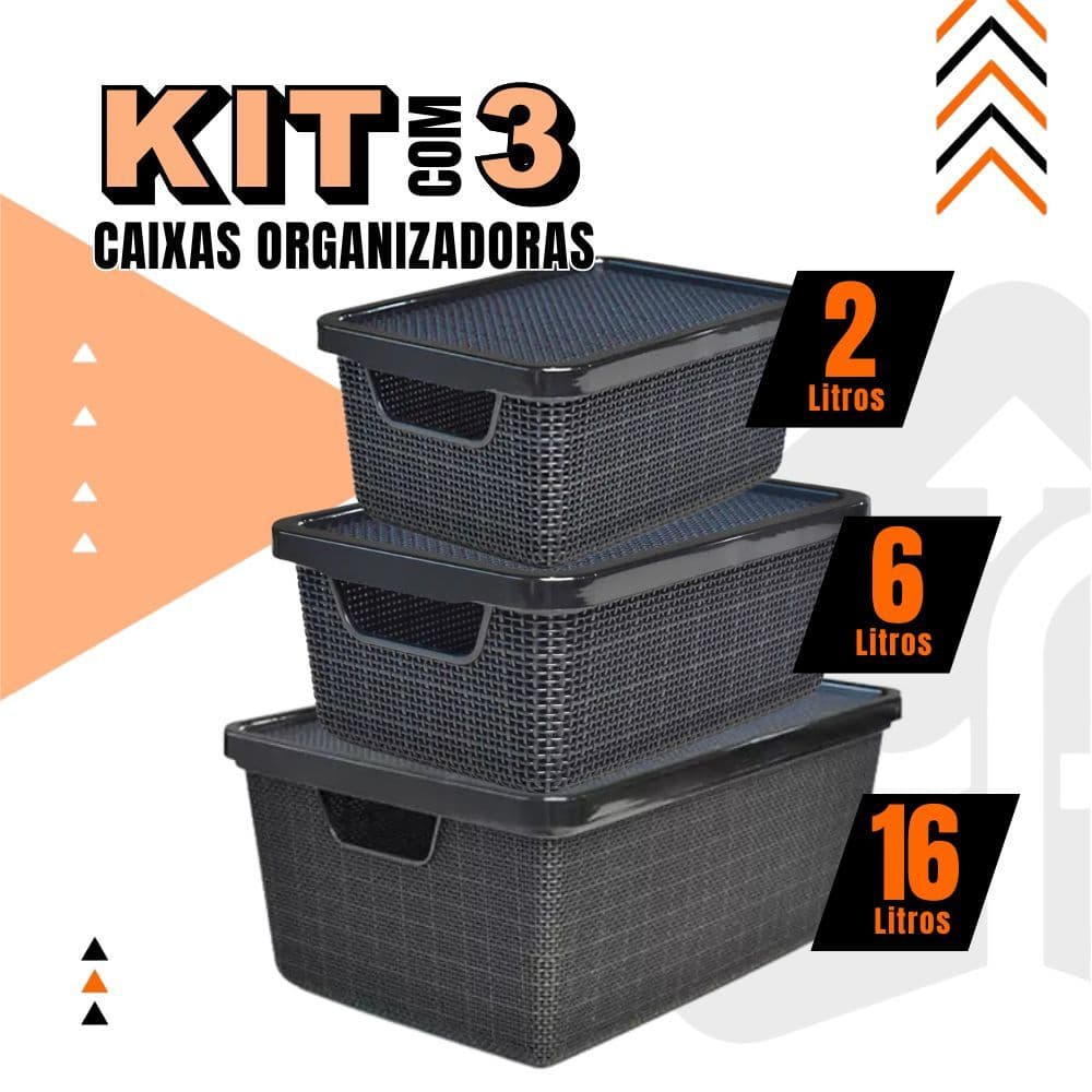 Kit 3 Caixas/cesto Organizador Jutta 2l, 6l E 16l Preto  Cesto Organizador Gavetas Guarda-Roupas Arm
