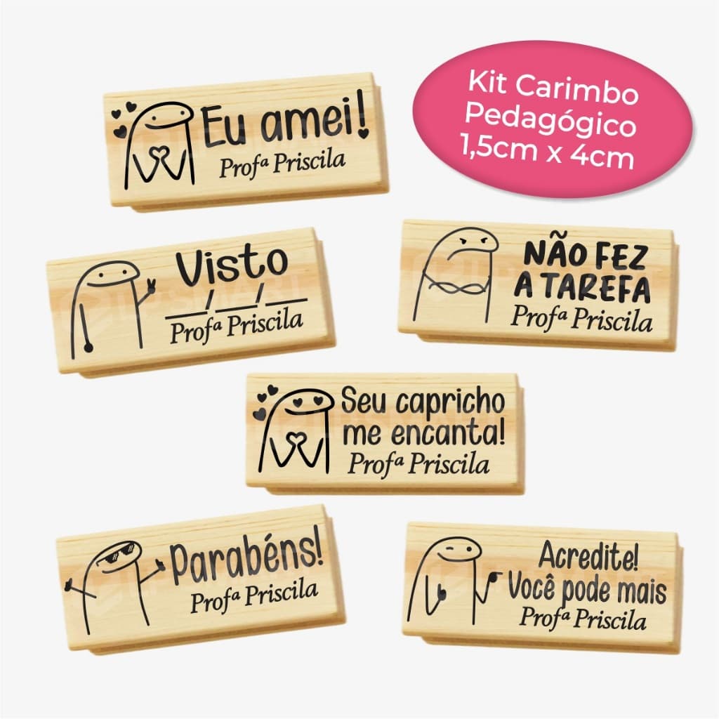 Kit Carimbo Pedagógico Personalizado Nome Professor 1,5x4cm Madeira FLORK Meme Bento Escolar