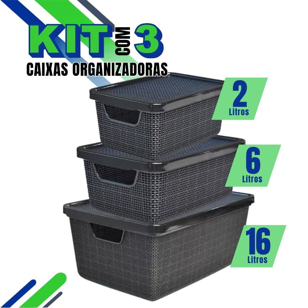 Kit 3 Caixas/cesto Organizador Jutta 2l, 6l E 16l Preto  Cesto Organizador Gavetas Guarda-Roupas Arm