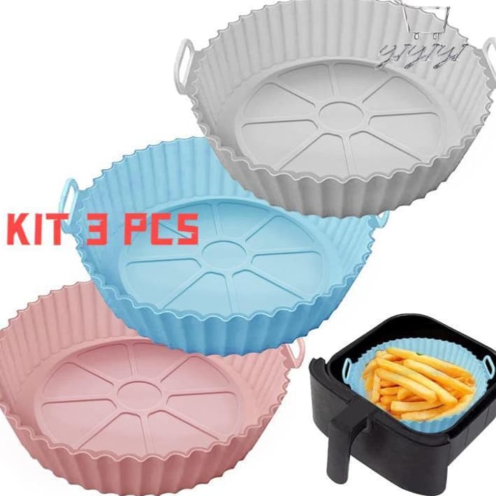 Kit 3 pcs Bandeja forma de assadeira para air frier silicone flexível lavável reciclável redonda forma para airfryer