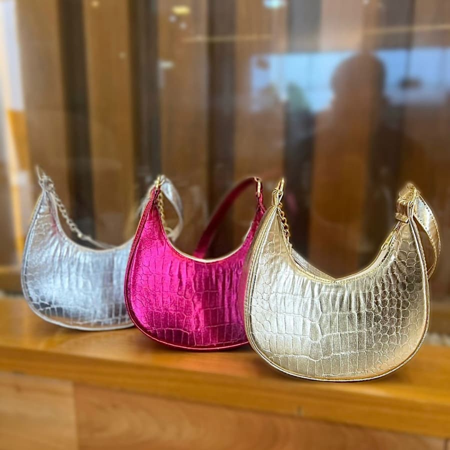 Bolsa De Ombro Bolsa De Festa Baguete Metalizada Croco Forrada