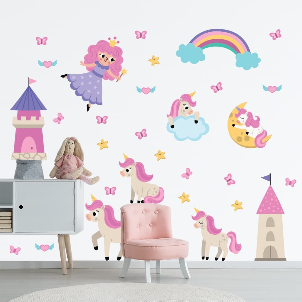 Adesivo de Parede Infantil Castelo Unicórnios Princesa Quarto Menina - 408ir