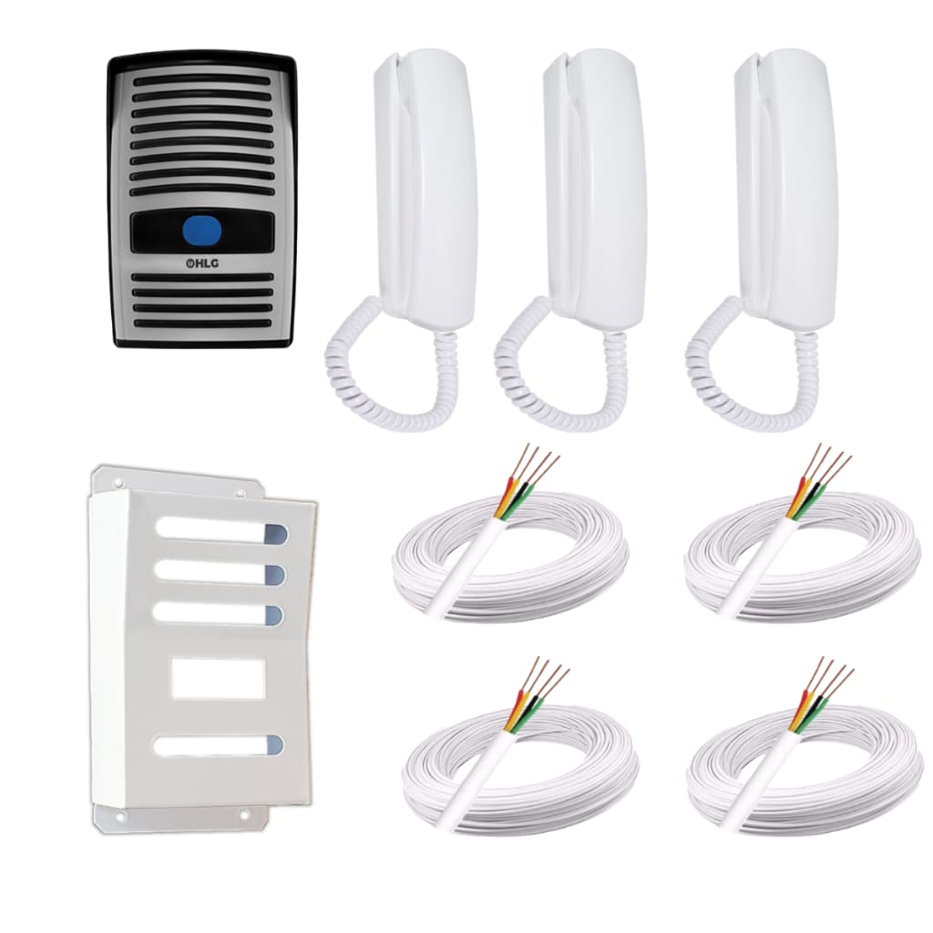 kit Interfone Porteiro Eletrônico HLG c/ 3 Monofones e 4 rolos de 100 metros + Proteção em aço