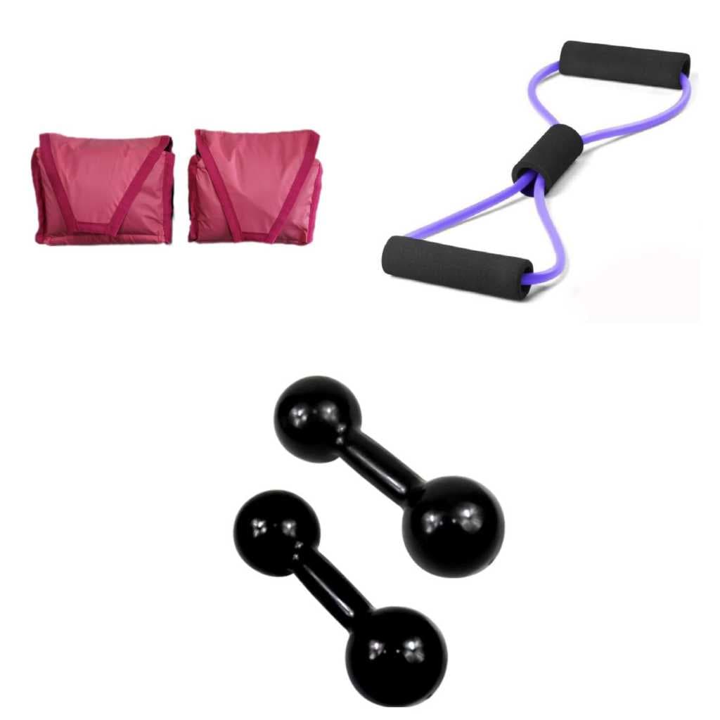 Treino Completo Caseiro: Halteres Redondo 3kg + Caneleira Rosa 3kg + Elástico Multifuncional