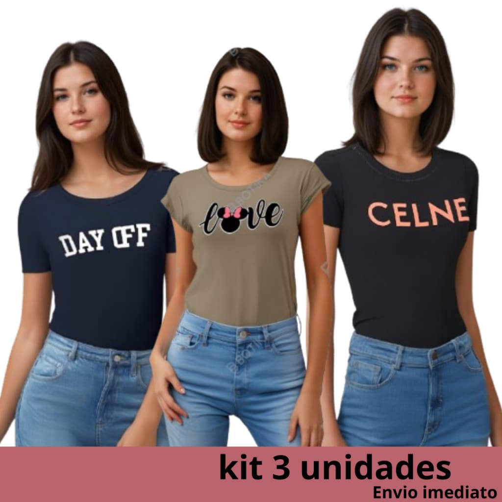 kit 3 Camisetas Femininas estilo baby look t-shit com manguinha estampada
