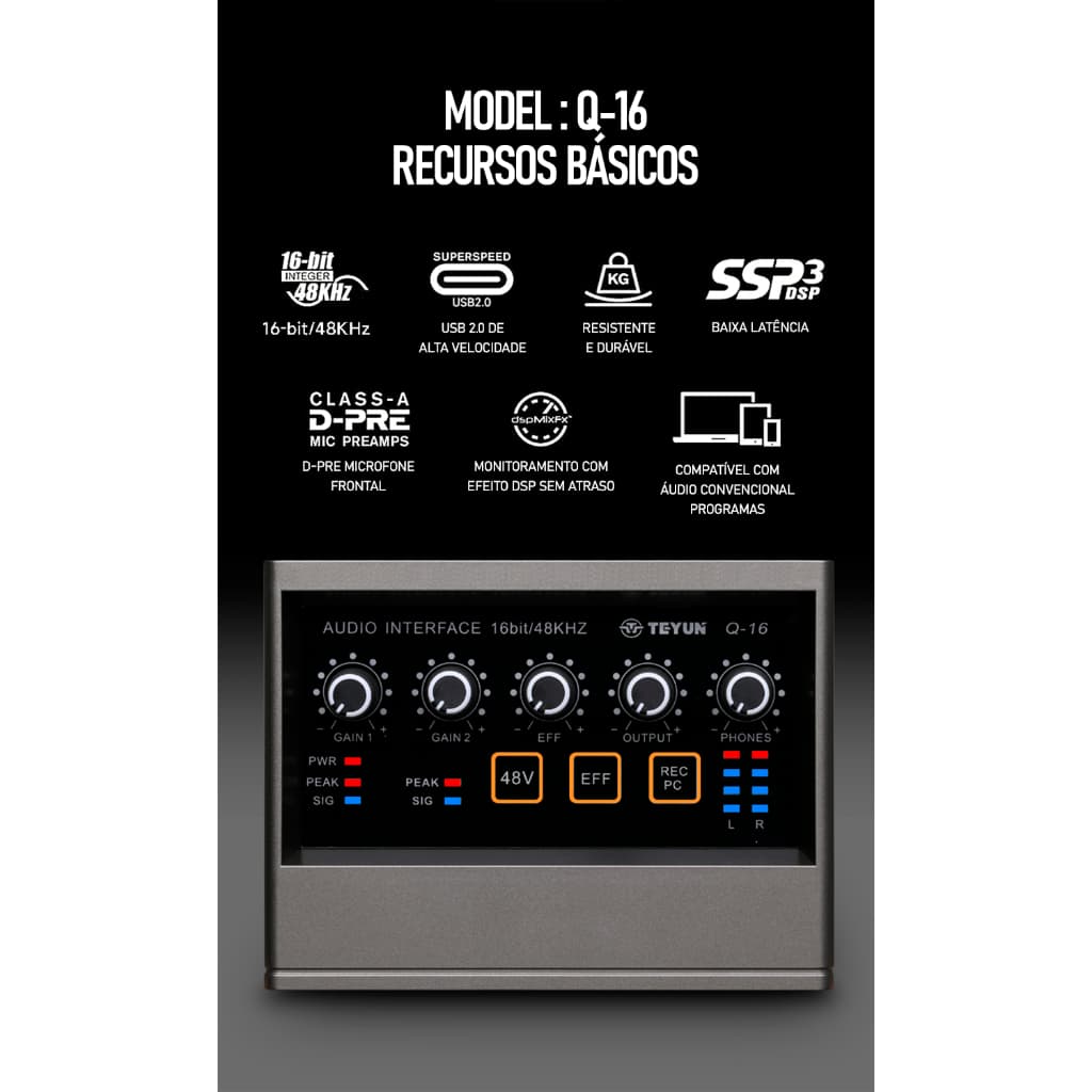 TEYUN Placa De Som Da Interface De áudio Q-16 Conversor De 16 bits/48 kHz Gravação Ao Vivo De Guitarra Elétrica
