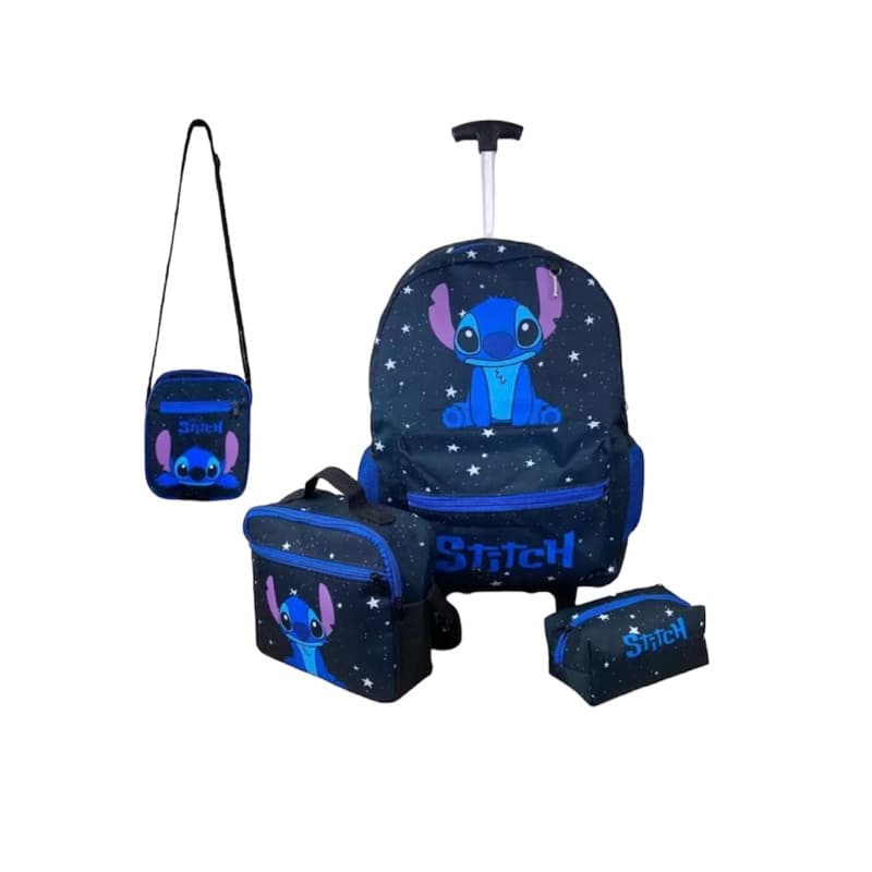 Kit mochila rodinha  Stitch preto estojo lancheira e Shoulder infantil juvenil tamanho G