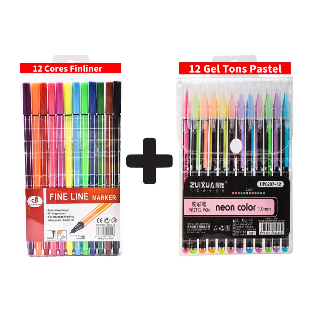 Kit Canetas Fineliner 12 Cores + Canetas Gel 12 Cores Tons Pastel ou + 12 Canetas Brush pen