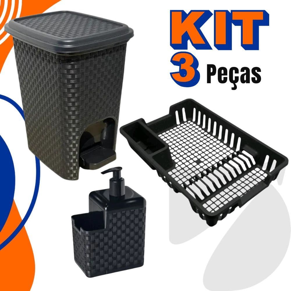Kit Lixeira 7 Litros + Porta Detergente + Escorredor Louça