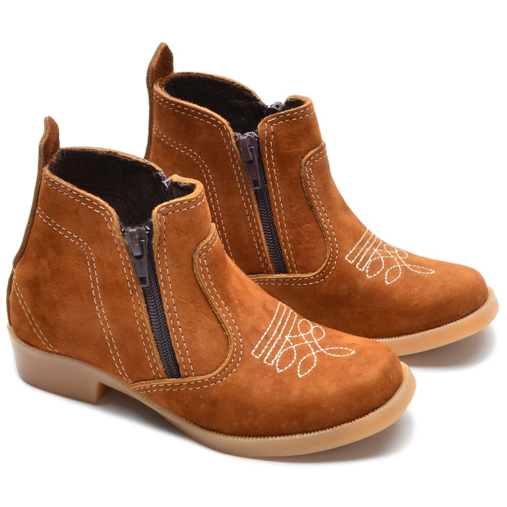 Botina Infantil Masculina Cowboy Couro Legítimo Nobuck Aveludado Sola Borracha Antiderrapante Zíper Lateral Criança