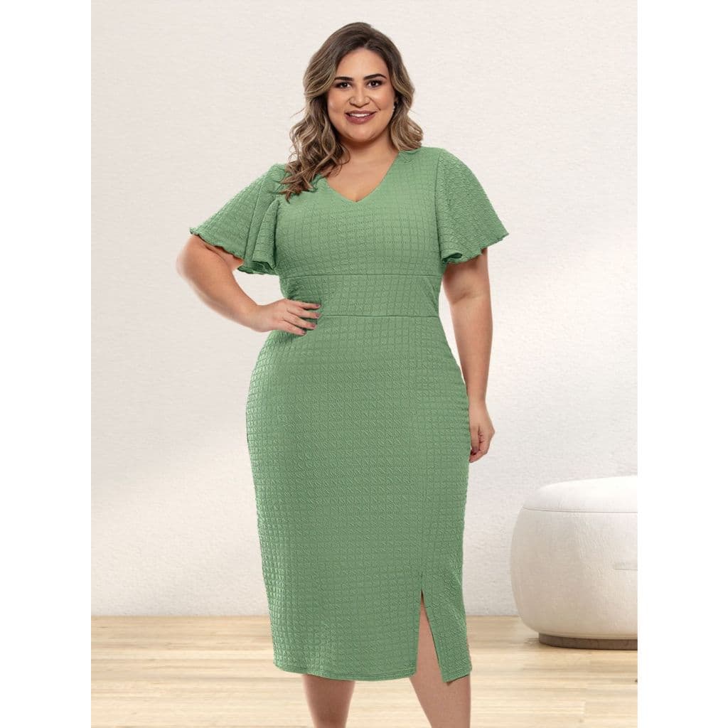 Vestido Midi Plus Size em Malha Anarruga Bubble Verde