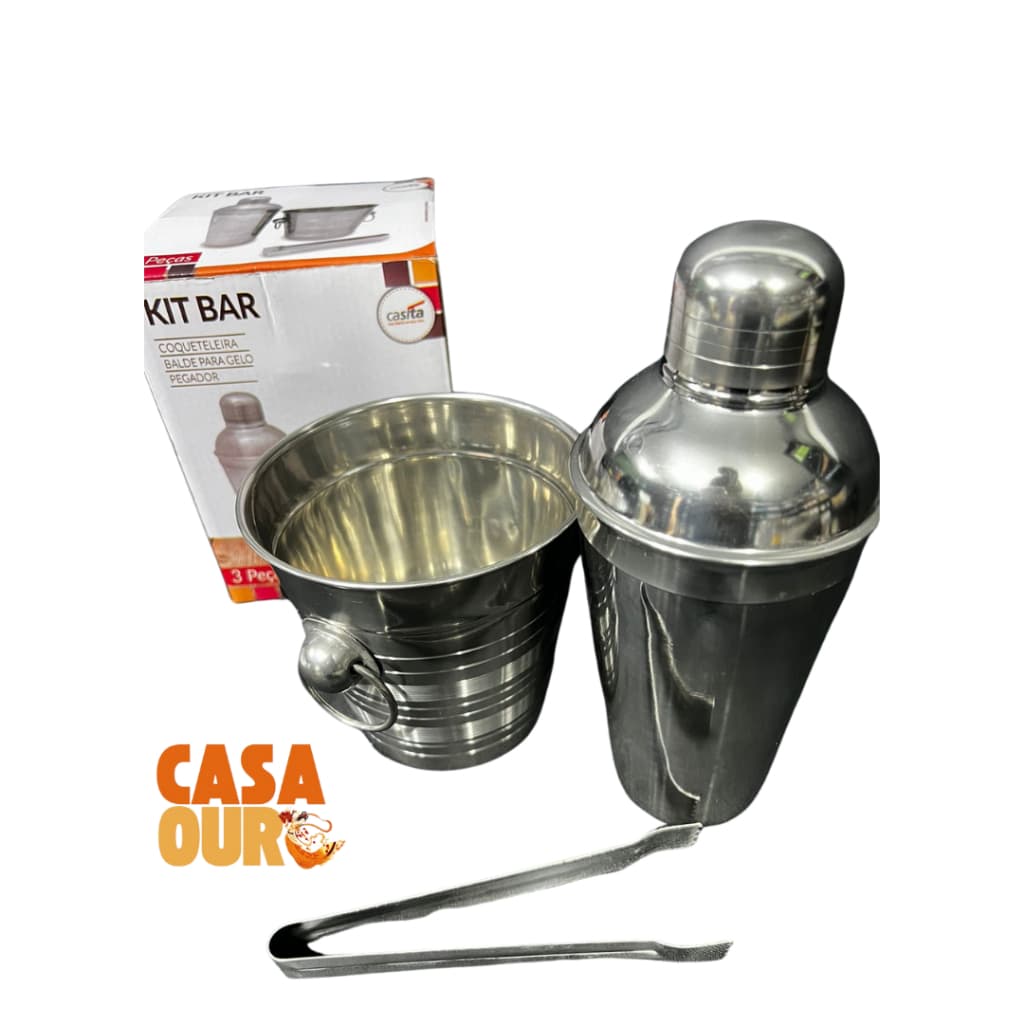 Kit Bar 3 Pçs/ Inox Coqueteleira Balde E Pegador