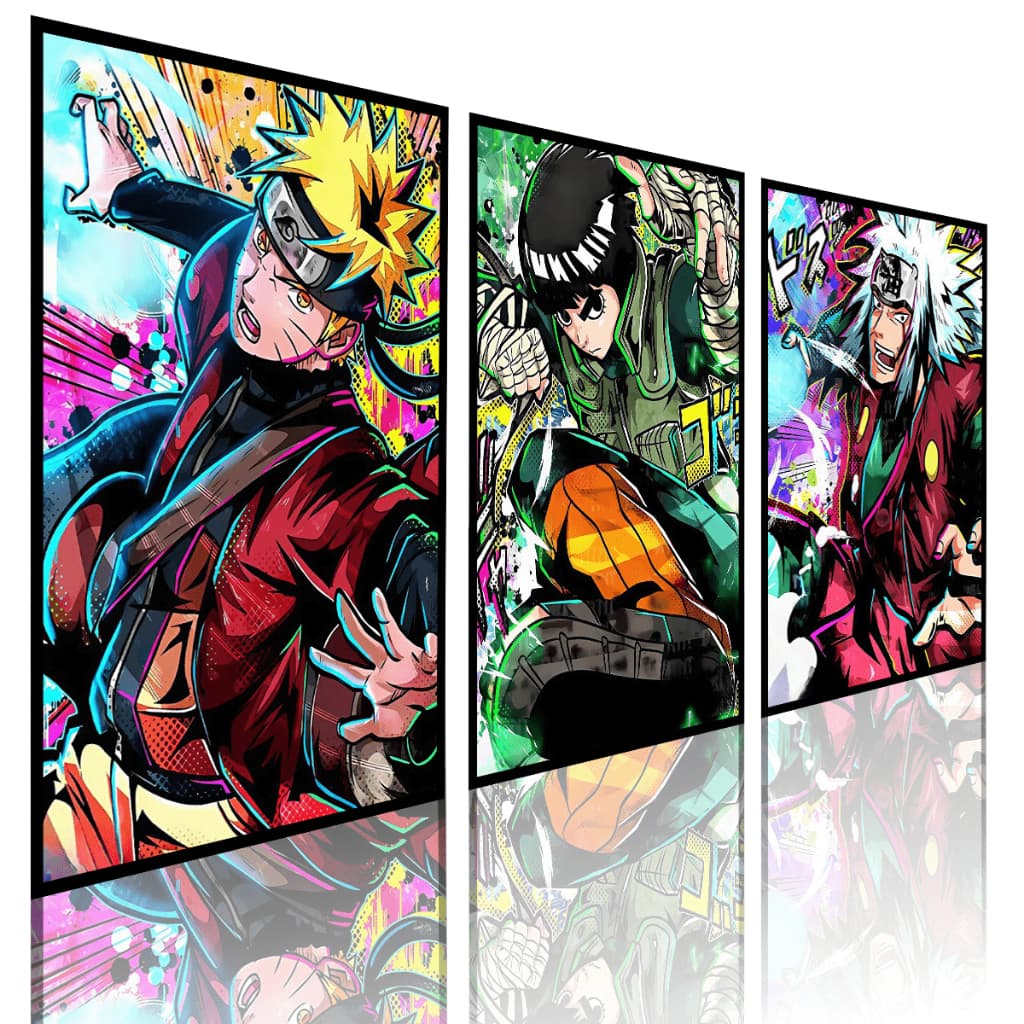 Kit 3 Quadros Decorativos Arte Anime Naruto Jiraya e Rock Lee