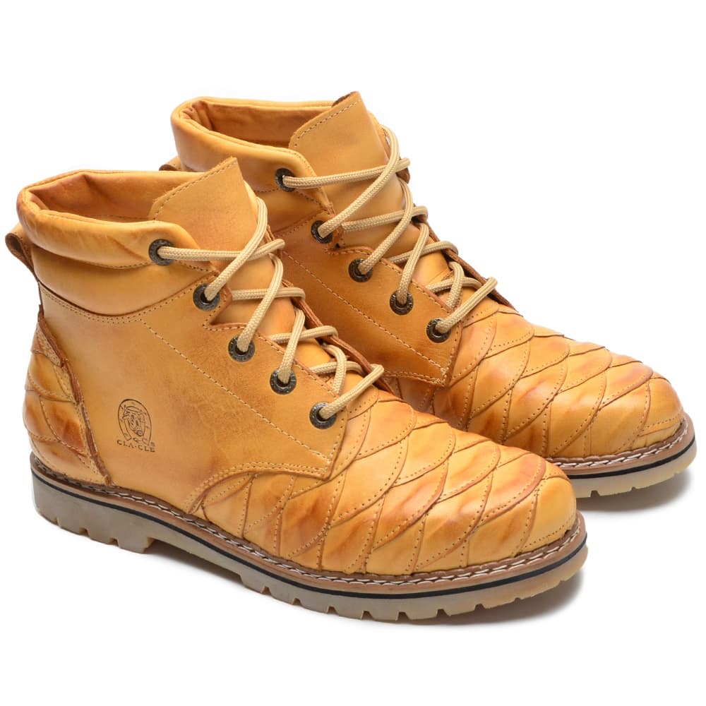Bota Coturno Masculina Adventure Casual Couro Legítimo Escamado Bege Confortável Aderência Antiderrapante  Durabilidade
