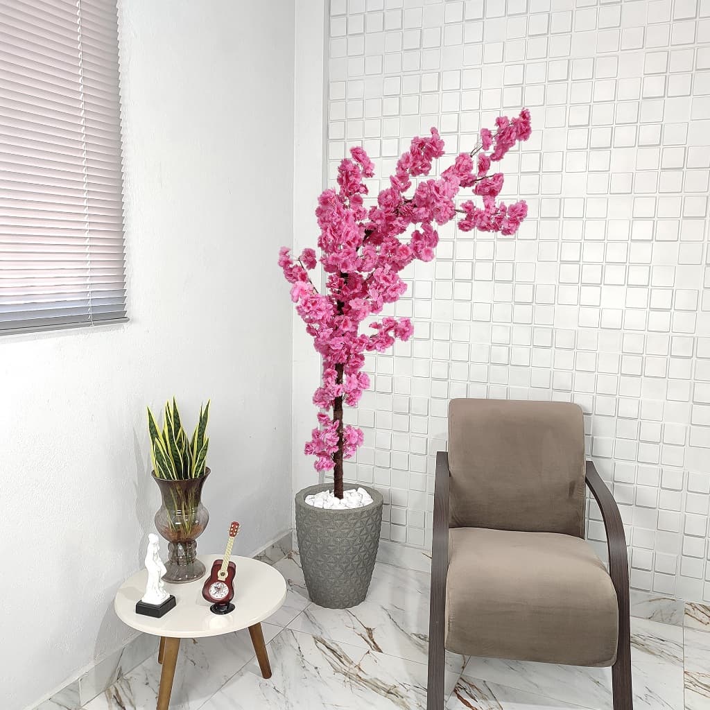 Planta Artificial Cerejeira Japonesa Curva Rosa 180cm Vaso Pedra