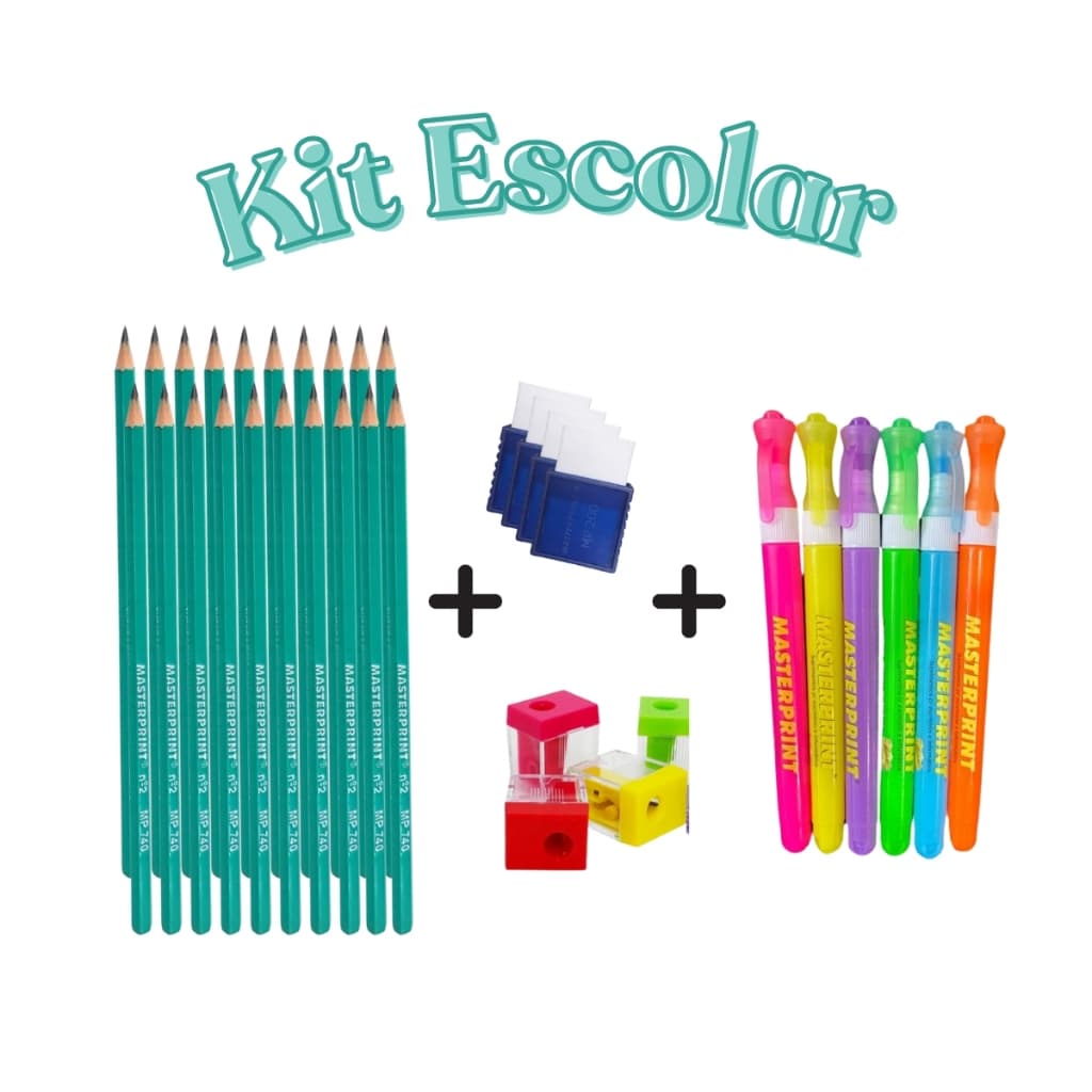 Kit Escolar C/20 Lápis HB + 10 Borrachas Cinta + 04 Apontadores Mini MP1207 + Marca Texto Slim Neon - Masterprint