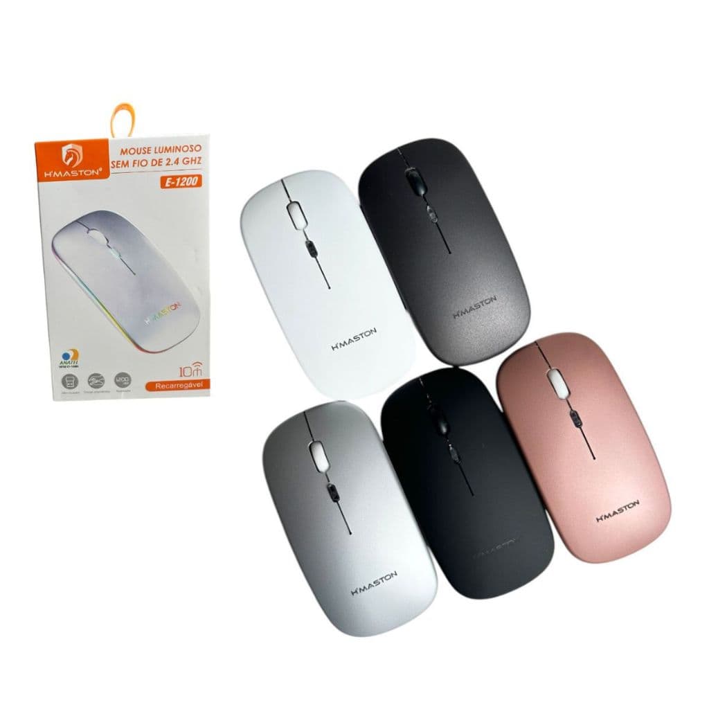 Mouse recarregável luminoso rgb sem fio rápido silencioso 2.4ghz 1200dpi original H'maston E1200 novidade
