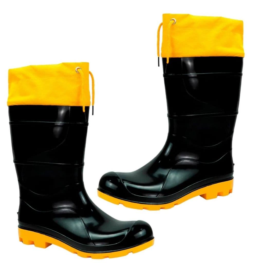 Bota de PVC Sem Forro Cano Longo Preta Com Polaina e Solado Amarelo Crival