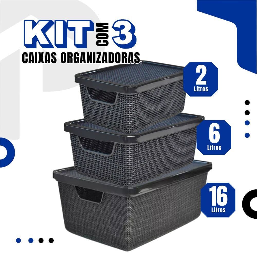 Kit 3 Caixas/cesto Organizador Jutta 2l, 6l E 16l Preto  Cesto Organizador Gavetas Guarda-Roupas Arm