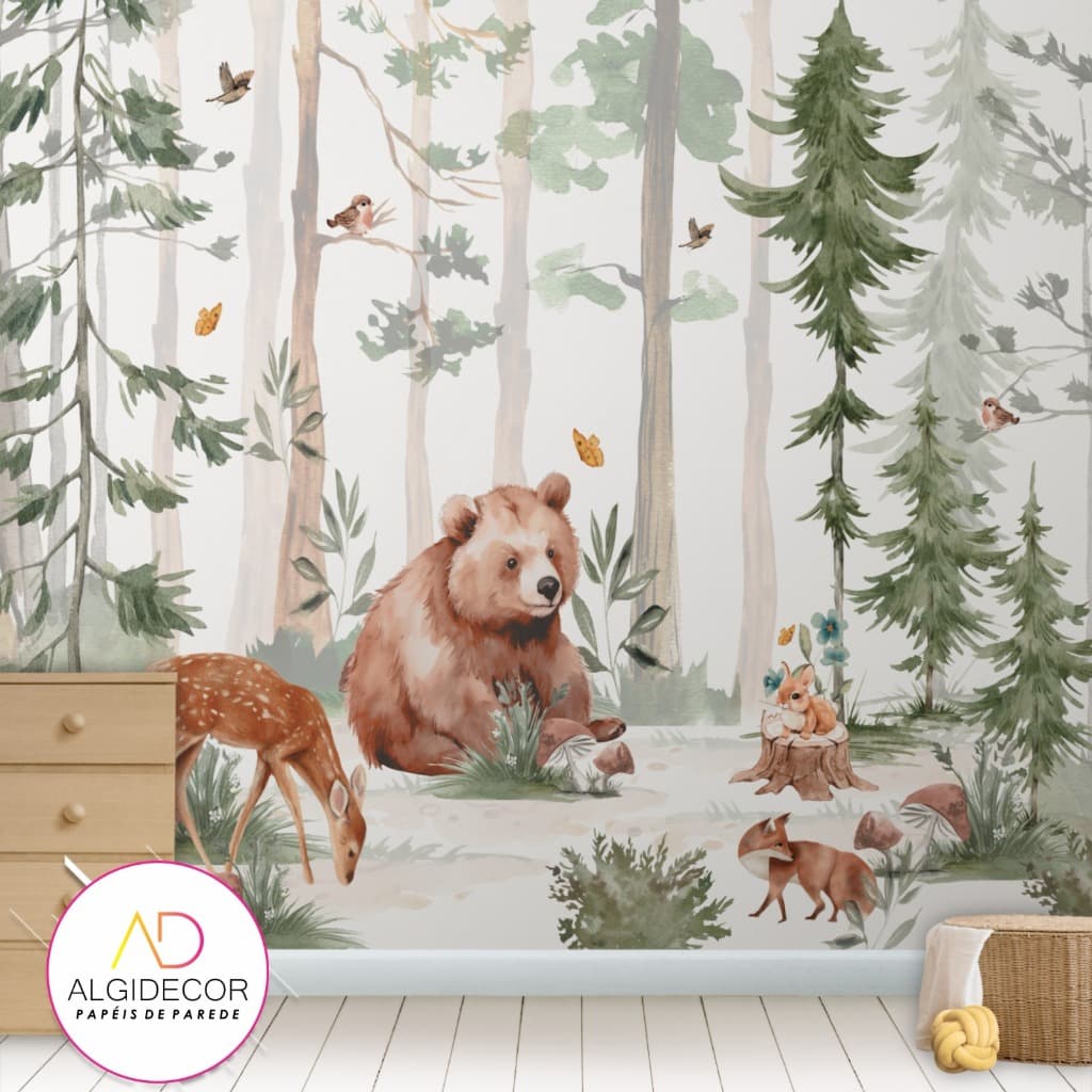 Papel de parede infantil lavável fosco vinil bosque do urso animais (metro quadrado) Algidecor