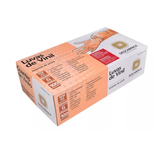 Luvas Descartáveis de Vinil Descarpack Cor Transparente Anvisa 100 unidades  Tam. G sem pó