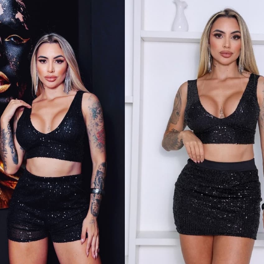 Conjunto Paête Luxuosa Fashion Cropped e Short ou Saia Moda 2024 Luxo Noturno Festas