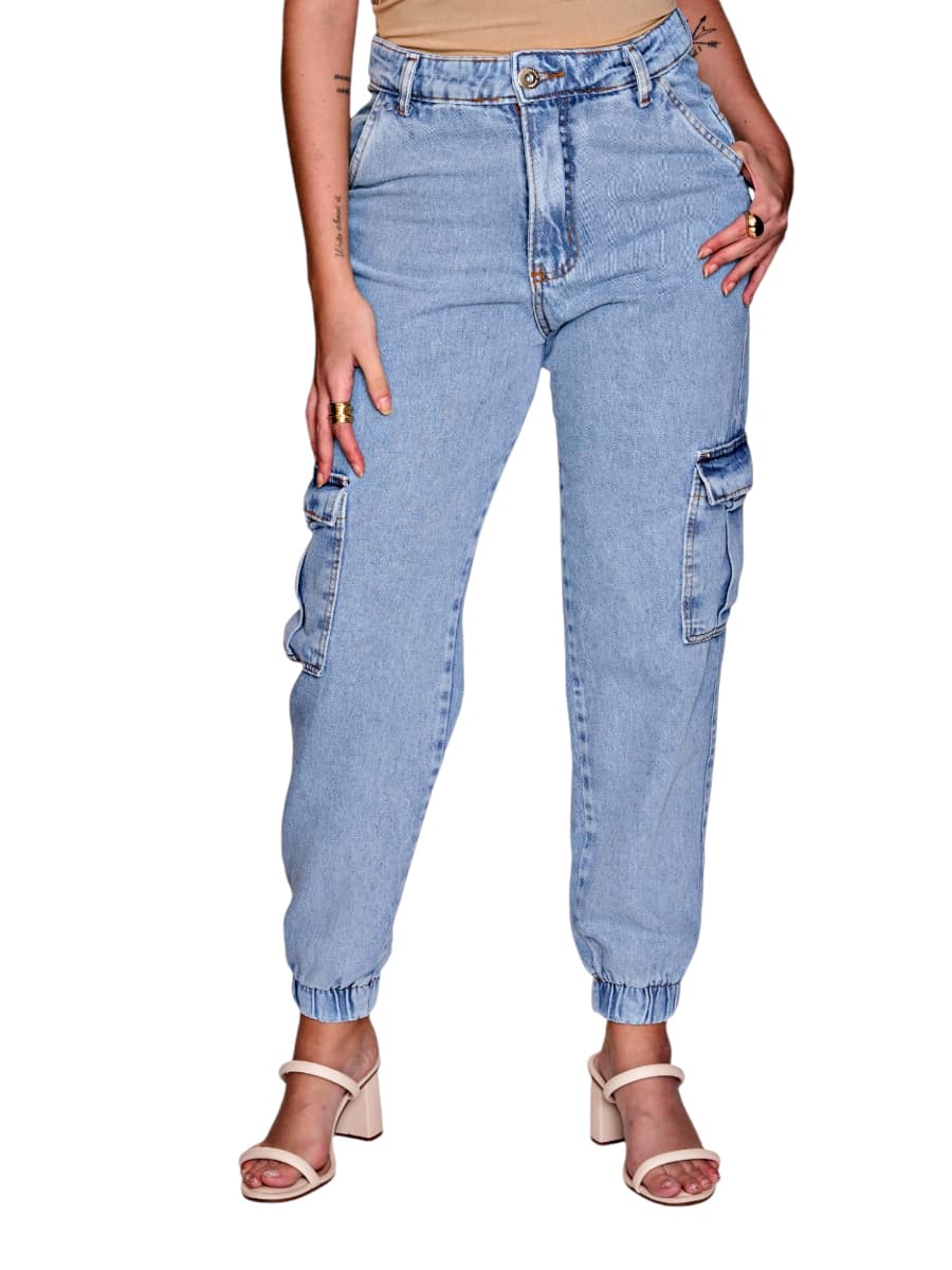 Calça Jeans Jogger Cargo Bolso Lateral Moda Feminina