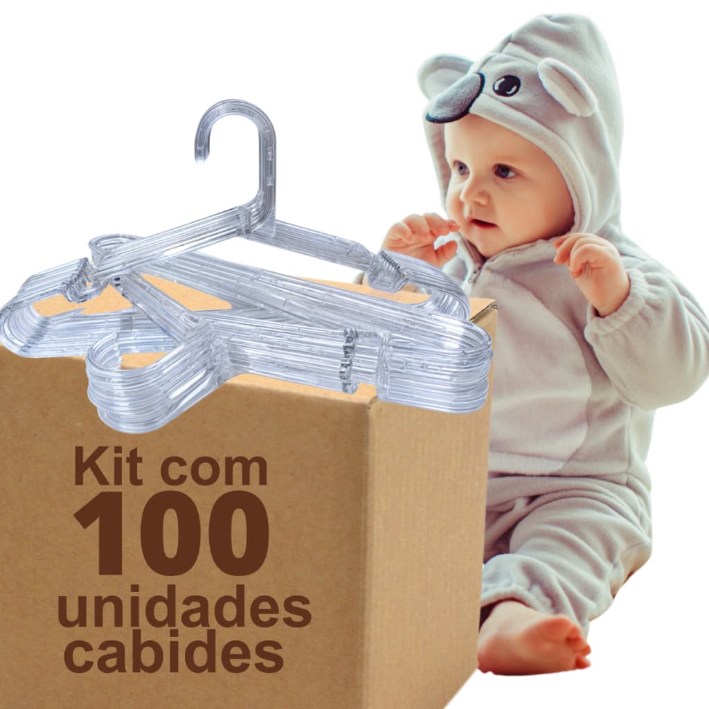 Kit 100 Cabide INFANTIL CRISTAL ACRÍLICO Reforçado Transparente para Roupa de Criança