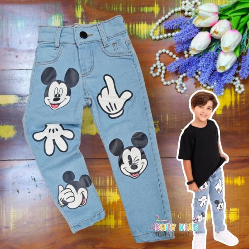 Calça jeans infantil Skyny com elastano com desenho