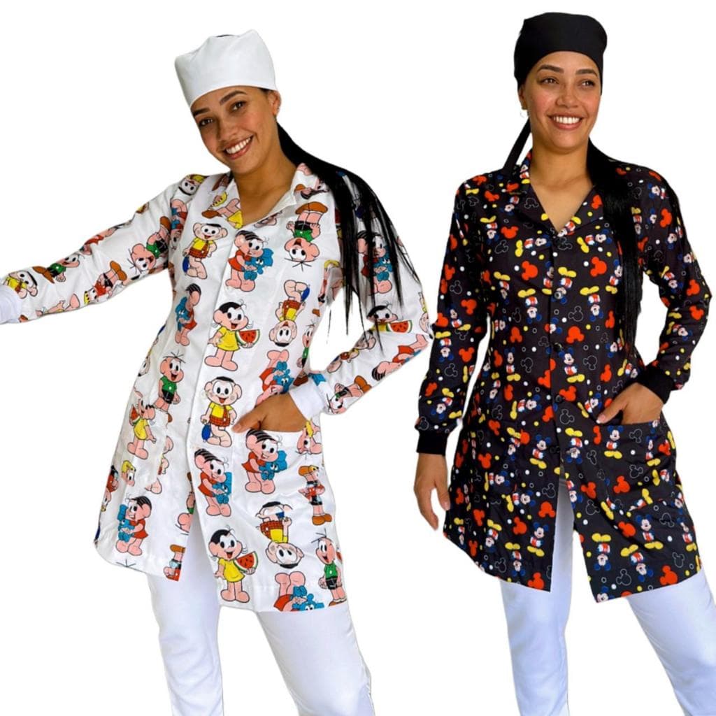 Jaleco Feminino Estampado Amarrar Costas Gola Blazer + Touca